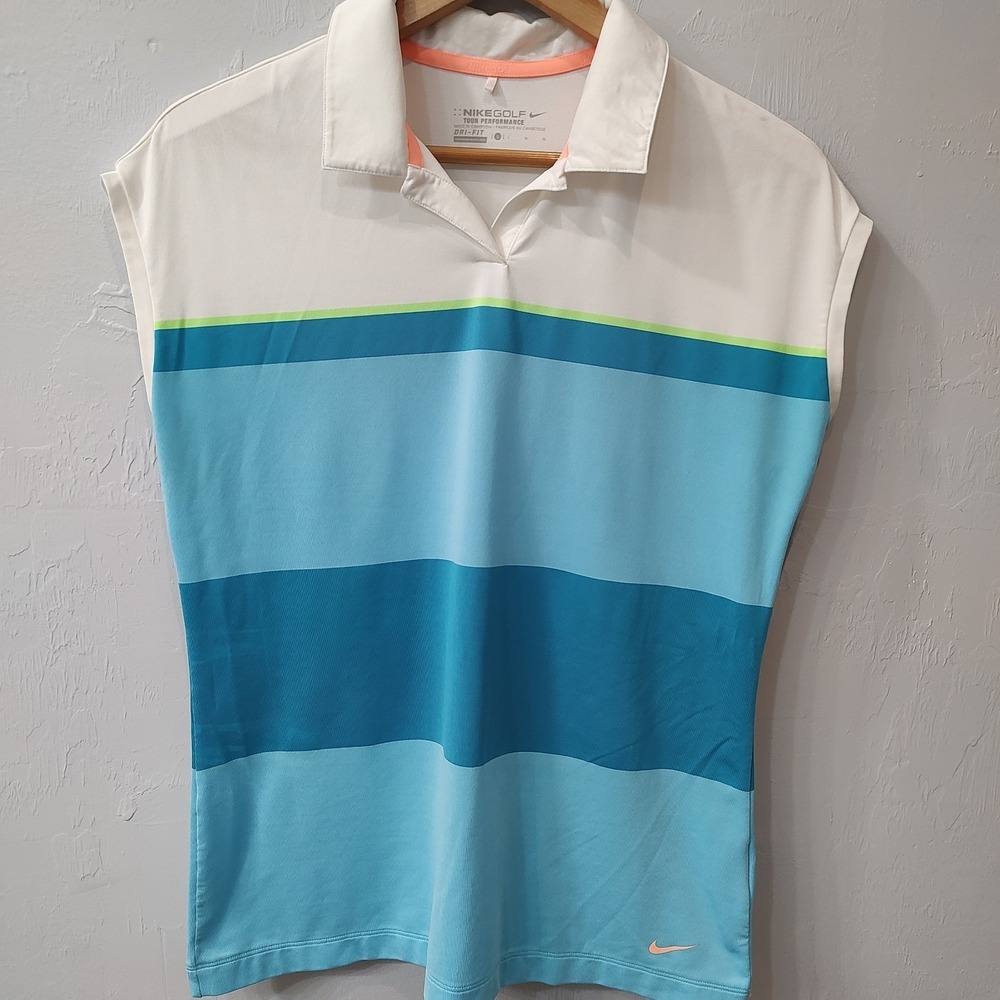 Nike Golf Polo Shirt Women Sz Large Blue White Stripe Dri-FIT Tour Sleeveless